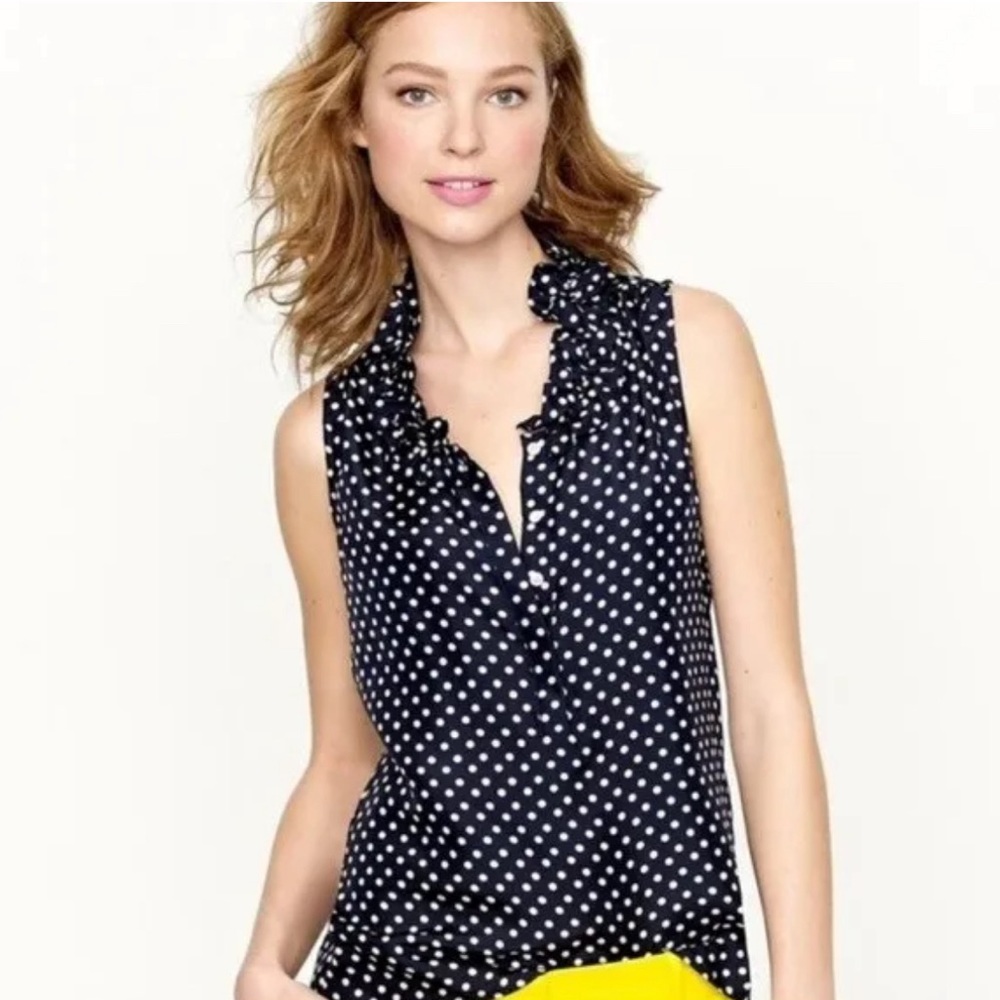 J.Crew Polka Dot Sleeveless Silk Blouse Cami with Ruffle Neck Size 16